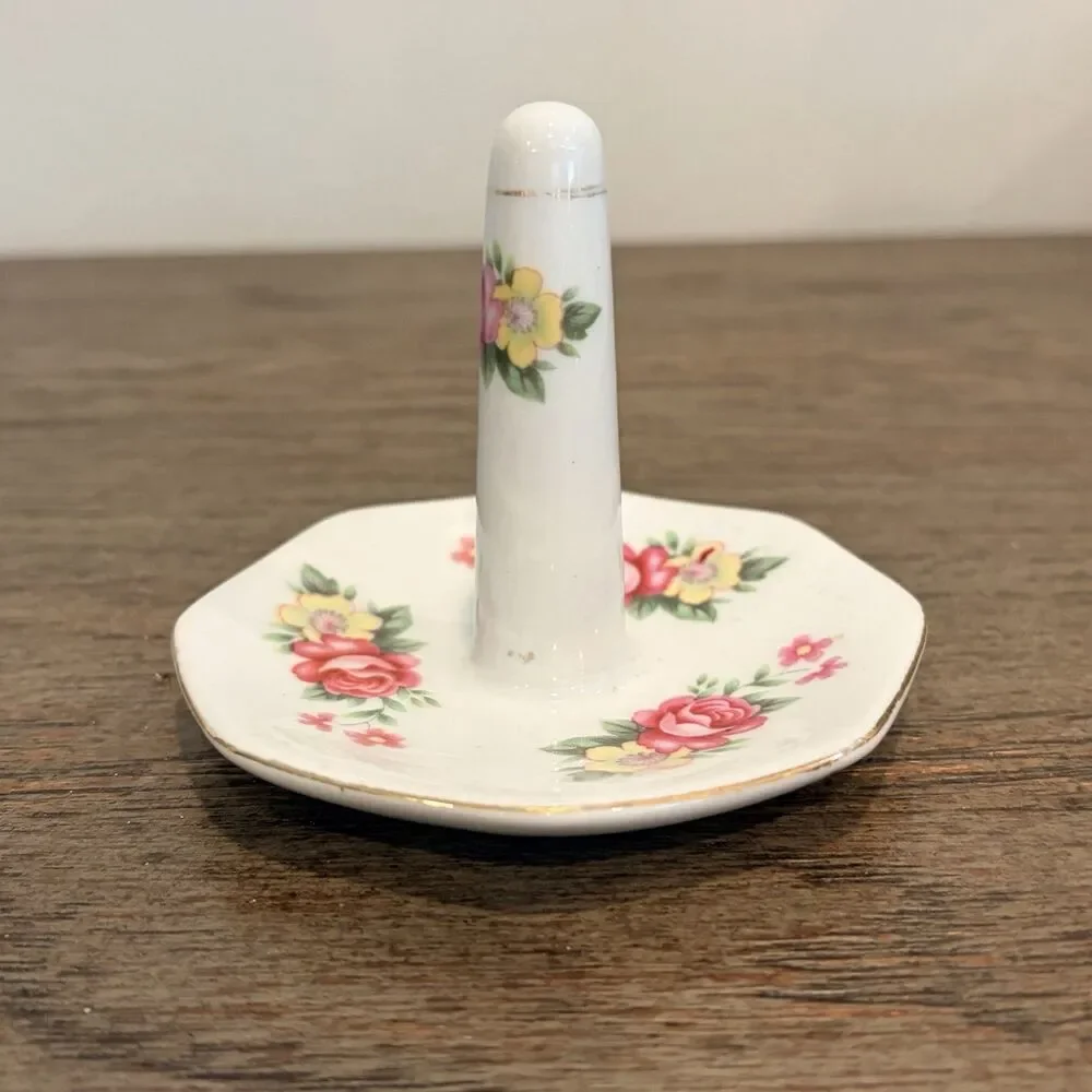 Vintage Porcelain Pink & Yellow Floral Ring Jewelry Holder Gold Trim 3” Tall